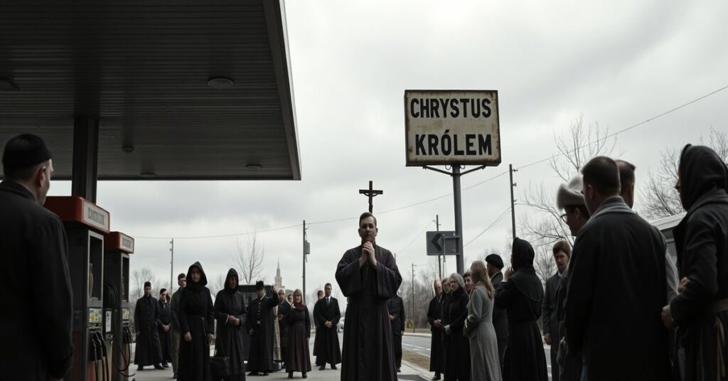 Pusty punkt benzynowy w 2026 roku z grupą osób modlącej się z księdzem przy krzyżu i napisem 'Chrystus Królem' w tle.