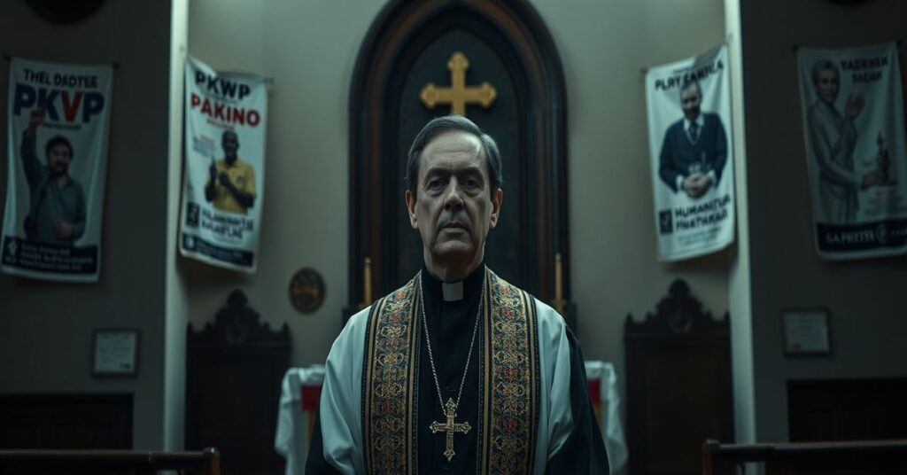 Ks. prof. Waldemar Cisło przed ołtarzem kościoła w tradycyjnych szatach liturgicznych, z poważnym wyrazem twarzy.