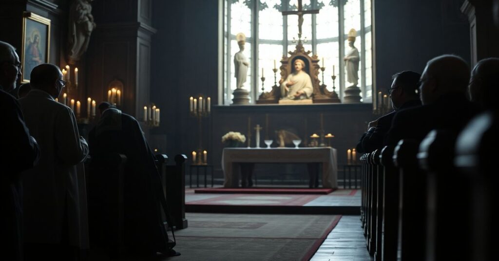 Tradycyjny ksiądz w sutannie modli się w ciemnej kaplicy przed Najświętszym Sakramentem podczas rekolekcji kapłańskich w sanktuarium Ostrobramskiej Matki Bożej w Skarżysku-Kamiennej.