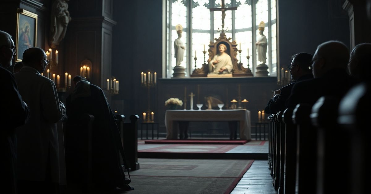 Tradycyjny ksiądz w sutannie modli się w ciemnej kaplicy przed Najświętszym Sakramentem podczas rekolekcji kapłańskich w sanktuarium Ostrobramskiej Matki Bożej w Skarżysku-Kamiennej.