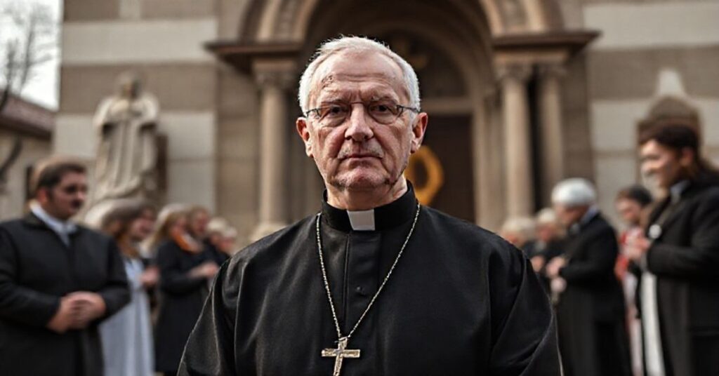 Portret o. Stanisława Piętki OFMConv., franciszkanina i prezesa Stowarzyszenia "Rycerstwo Niepokalanej", w tradycyjnym habitach przed bazyliką w Niepokalanowie-Lasku.