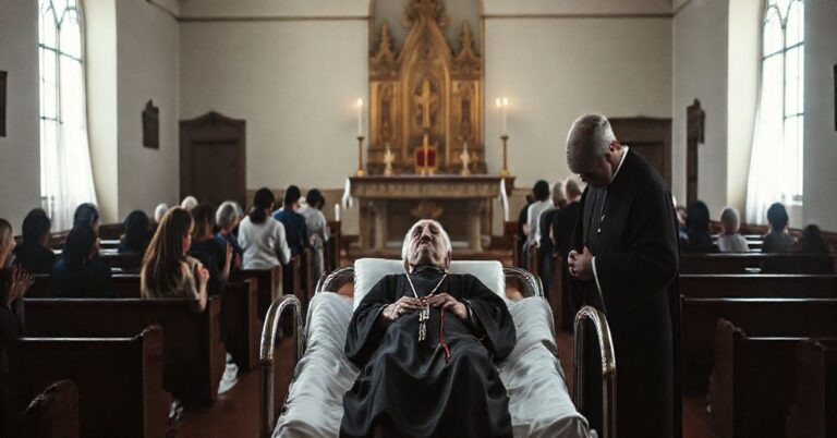 Tradycyjny kościół katolicki z grupą wiernych modlących się za chorego, tradycyjna msza, duchowe wsparcie