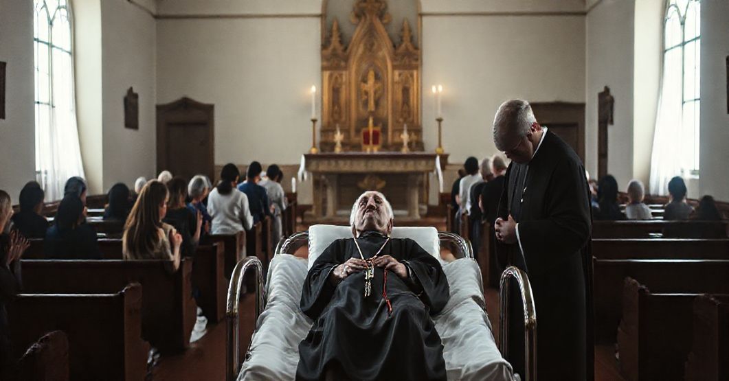 Tradycyjny kościół katolicki z grupą wiernych modlących się za chorego, tradycyjna msza, duchowe wsparcie