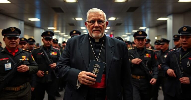 Zdjęcie przedstawia "kardynała" Baltazara Porrasa podczas zatrzymania na lotnisku w Maiquetíi w Wenezueli. Wokół niego znajdują się funkcjonariusze socjalistycznego reżimu Maduro. Tło stanowi terminal lotniczy z subtelnymi symbolami katolickimi. Scena symbolizuje kryzys posoborowej pseudo-hierarchii w świetle sedevacantyizmu.