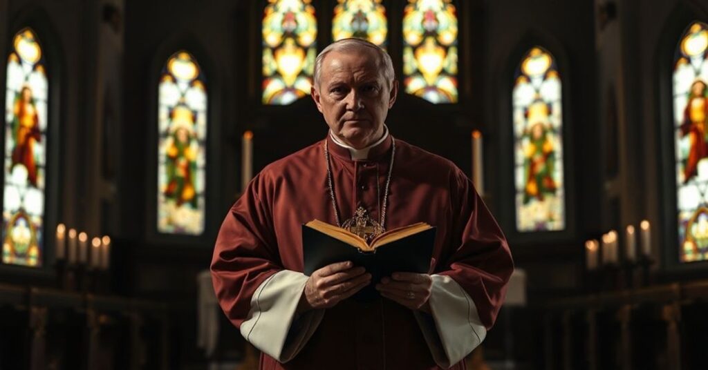 Tradycyjny katolicki biskup w liturgicznych szatach stoi w ciemnej kościoła, wyraz twarzy pełen troski, trzyma zamkniętą Biblię. Wokół niego cienie symbolizujące kryzys w posoborowym Kościele. Ołtarz w tle ozdobiony świecami, światło z witraży rzuca smętny blask na scenę.