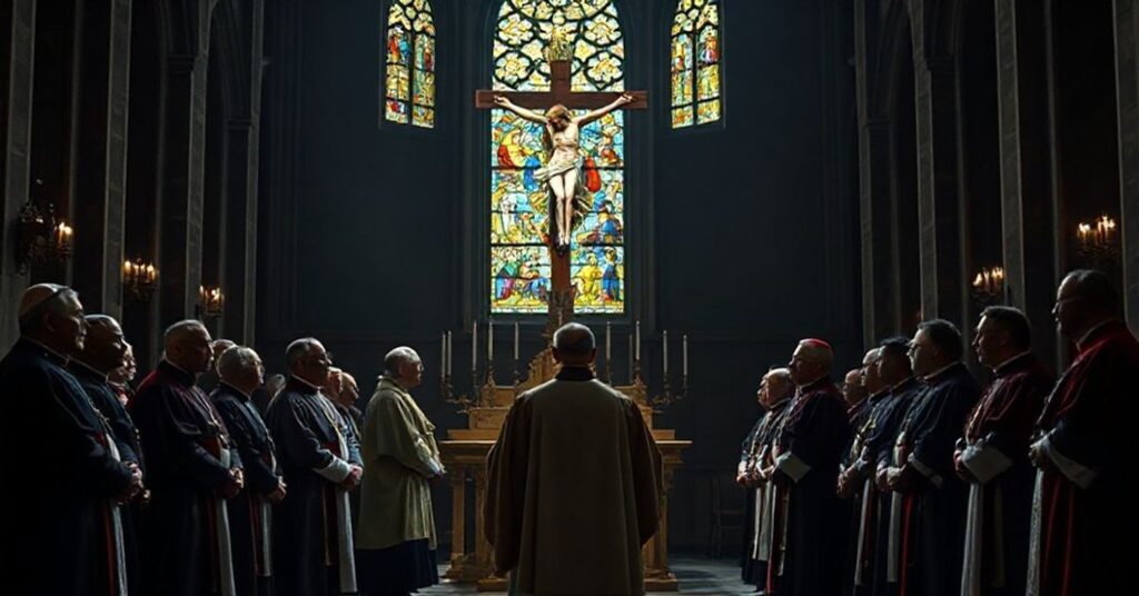 Grupa biskupów w nowoczesnych ornatach dyskutujących w ciemnym kościele z pustym tabernakulum na tle