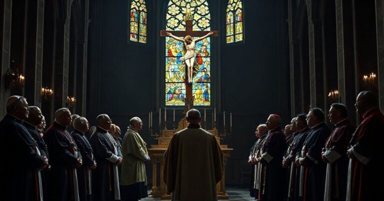 Grupa biskupów w nowoczesnych ornatach dyskutujących w ciemnym kościele z pustym tabernakulum na tle