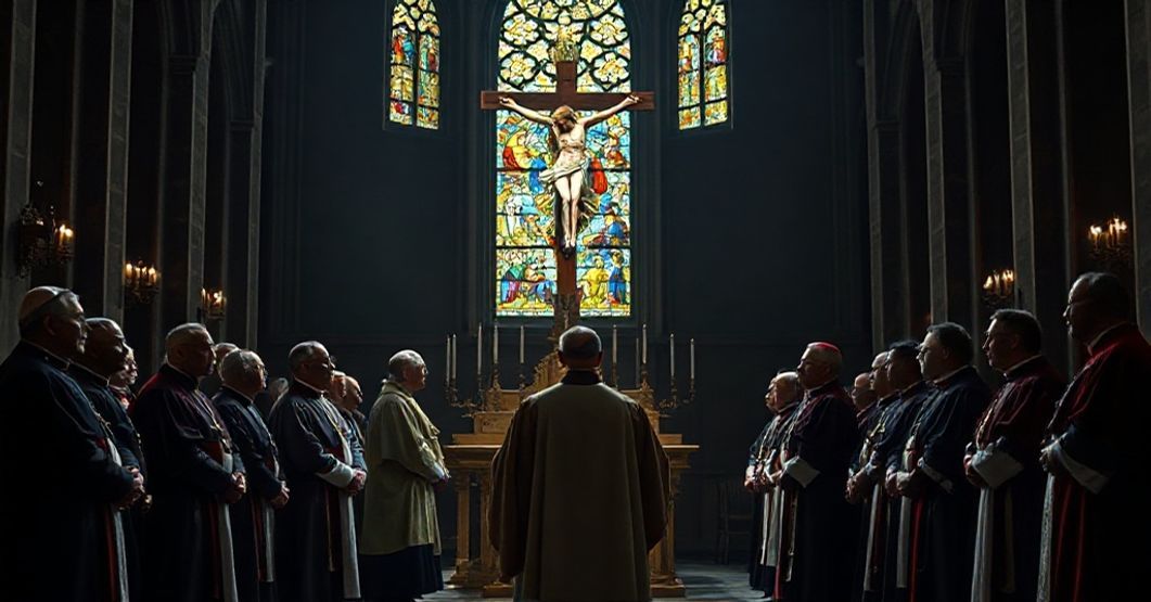 Grupa biskupów w nowoczesnych ornatach dyskutujących w ciemnym kościele z pustym tabernakulum na tle