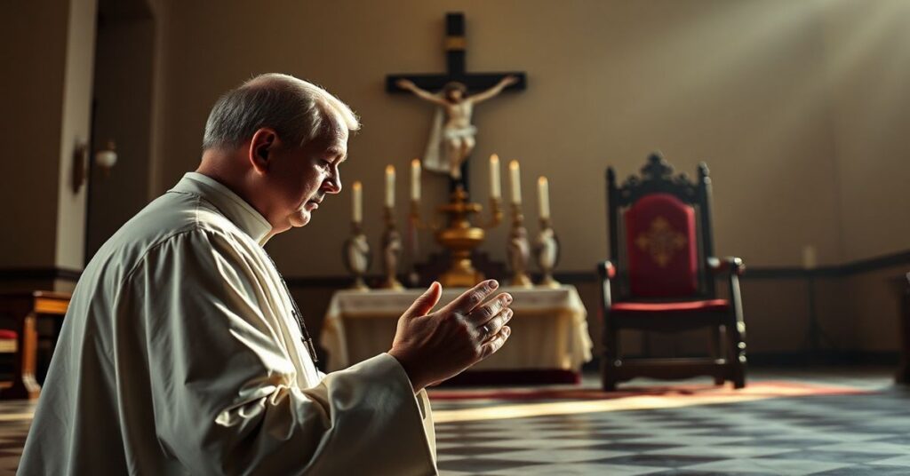 Tradycyjny kapłan modlący się przed krucyfiksem i monstrancją w ciemnym kościele