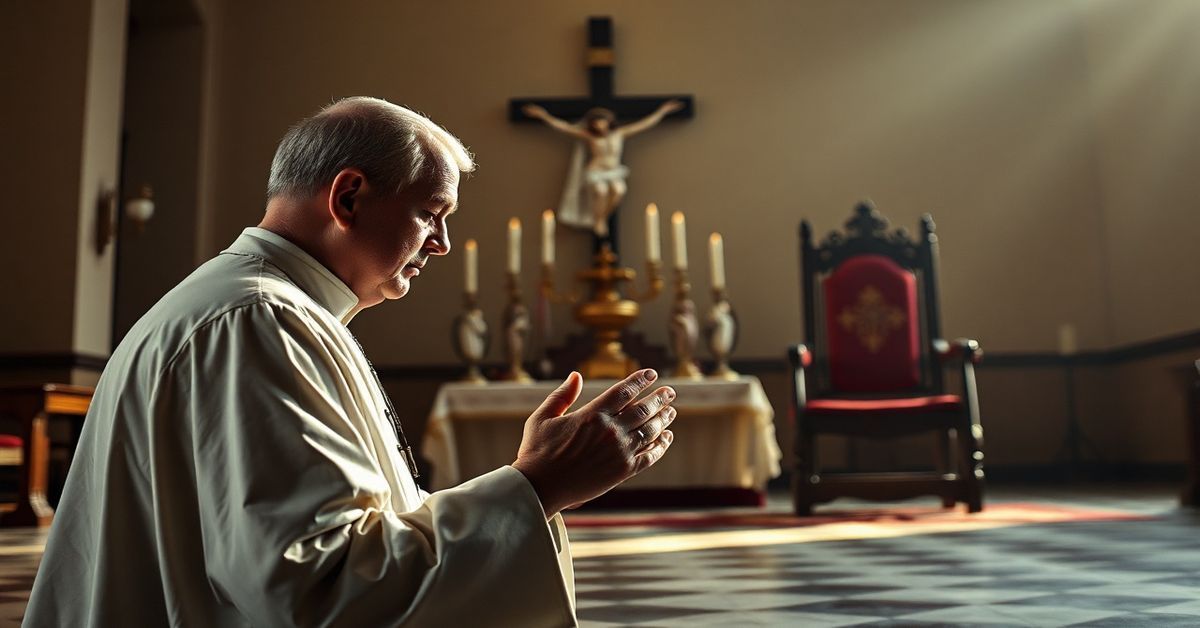 Tradycyjny kapłan modlący się przed krucyfiksem i monstrancją w ciemnym kościele