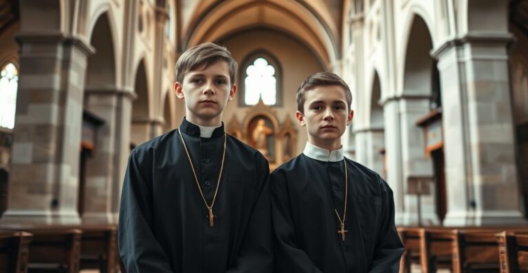 Dwóch młodych mężczyzn w tradycyjnej sutannie w starym kościele, symbolizujących kryzys powołań i modernistyczne zagrożenia w Kościele