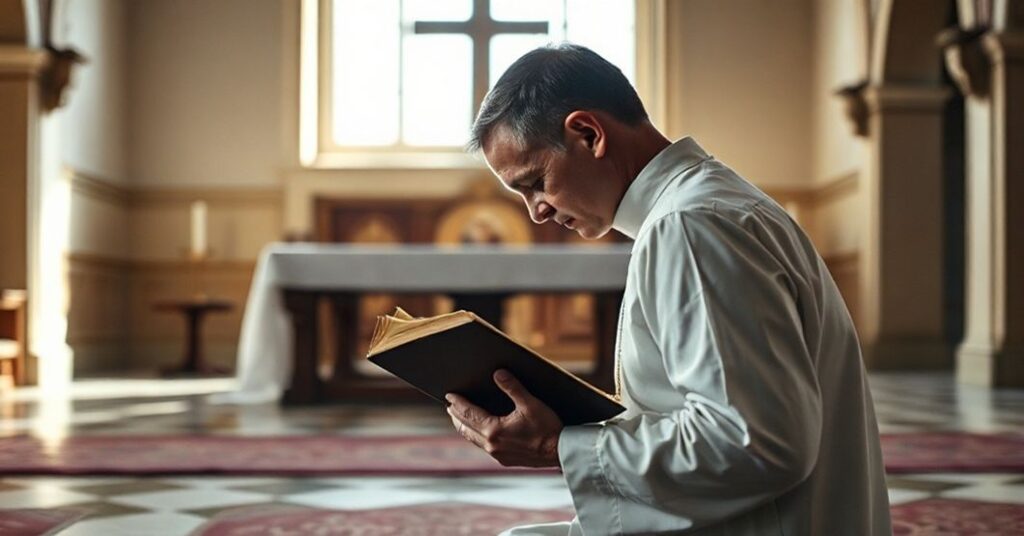 Poważny ksiądz w tradycyjnym stroju modli się w pustości kaplicy seminarium, symbolizując kryzys powołania.