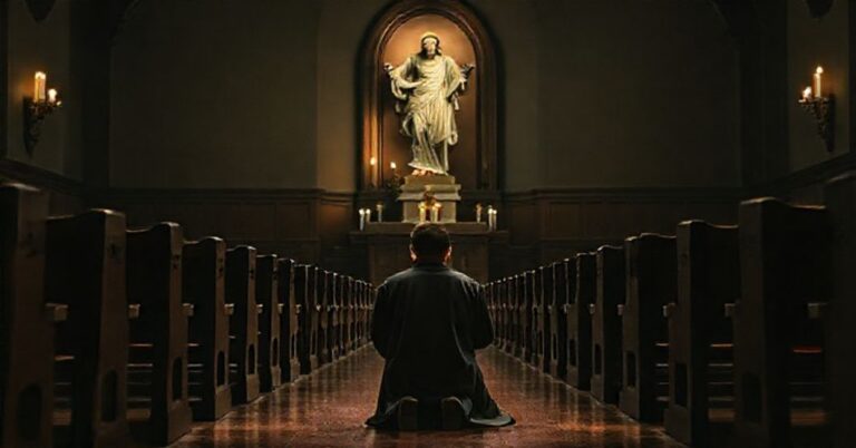 Pusty kościół seminarium z jednym seminarzystą modlącym się przed rzeźbą Chrystusa Króla