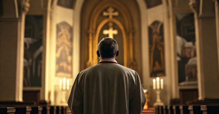 Ksiądz w tradycyjnych szatach stojący w pustym kościele z zamkniętym tabernakulum, symbolizujący kryzys wiary i utratę życia sakramentalnego.