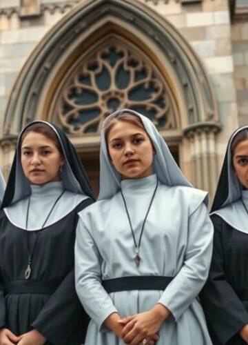Kryzys powołania zakonnego we Francji - realistyczne zdjęcie Fotografia realistyczna młodych francuskich nowicjuszy w tradycyjnych strojach katolickich, ukazujących duchową kryzys i modernistyczne deformacje życia zakonnego na tle współczesnej świątyni