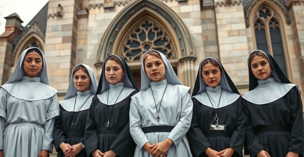 Fotografia realistyczna młodych francuskich nowicjuszy w tradycyjnych strojach katolickich, ukazujących duchową kryzys i modernistyczne deformacje życia zakonnego na tle współczesnej świątyni
