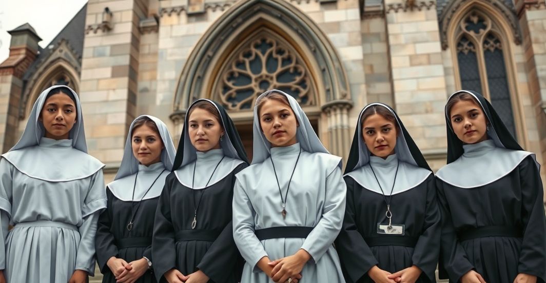 Kryzys powołania zakonnego we Francji - realistyczne zdjęcie Fotografia realistyczna młodych francuskich nowicjuszy w tradycyjnych strojach katolickich, ukazujących duchową kryzys i modernistyczne deformacje życia zakonnego na tle współczesnej świątyni