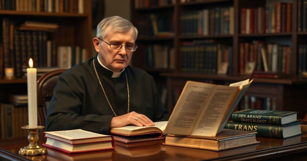 Traditionalny katolicki uczony czyta książkę "Trans" Jerzego Jarniewicza w otoczeniu klasycznych dzieł teologicznych i literackich