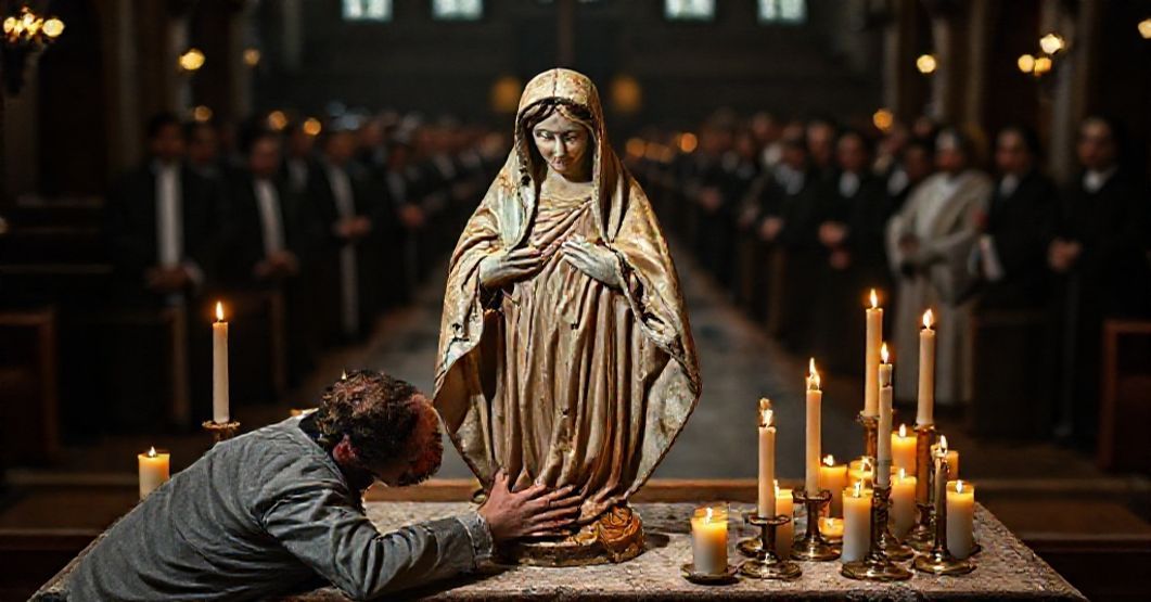 Kryzys Pseudo-Duchowości - Uszkodzona Figura Maryi Poważna scena w tradycyjnym kościele przedstawiająca uszkodzoną figurę Najświętszej Maryi Panny otoczoną świecami. Mężczyzna modli się obok niej z bólem na twarzy, symbolizując kryzys postkoncyliarnej duchowości.