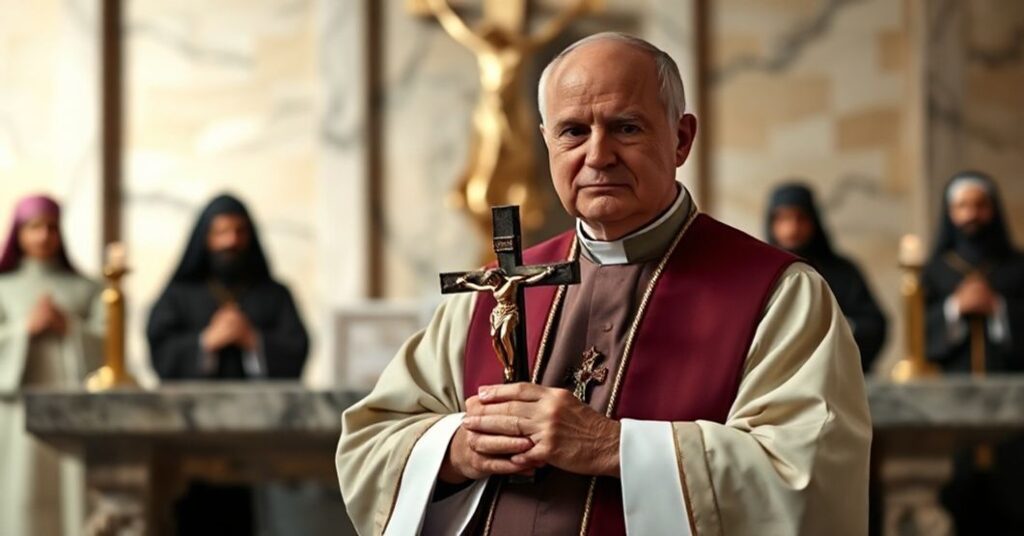 Ksiądz w tradycyjnym stroju liturgicznym przy ołtarzu z krzyżem w ręku, symbolizujący kryzys teologiczny w sekcie posoborowej.