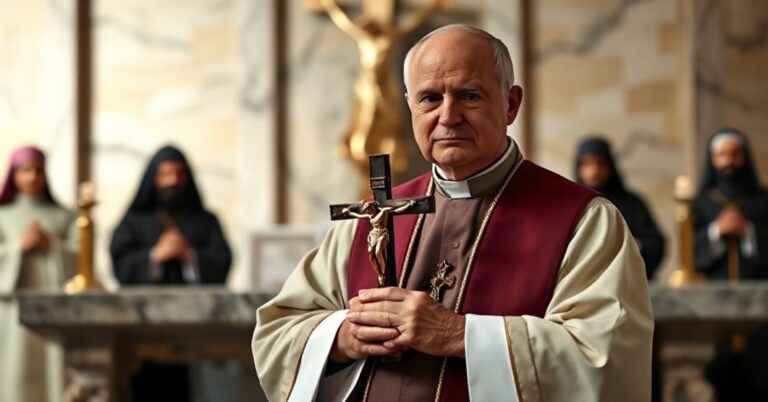 Ksiądz w tradycyjnym stroju liturgicznym przy ołtarzu z krzyżem w ręku, symbolizujący kryzys teologiczny w sekcie posoborowej.