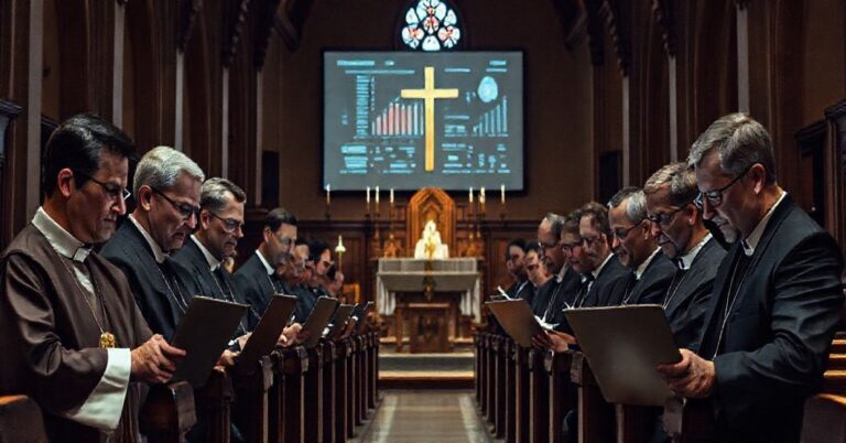 Grupa kleryków w nowoczesnych ubraniach biznesowych skupiona na laptopach i komunikatach prasowych zamiast na świętych księgach. Ołtarz w tle jest słabo oświetlony, zasłonięty ekranem z wykresami i diagramami. Na twarzach klerycy widoczne zmartwienie i braki duchowości.