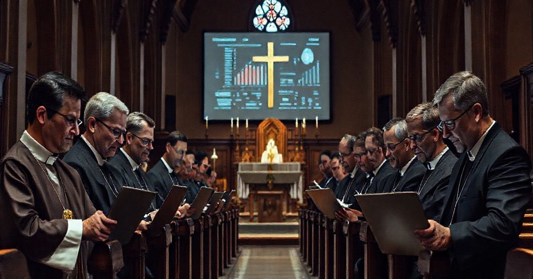 Grupa kleryków w nowoczesnych ubraniach biznesowych skupiona na laptopach i komunikatach prasowych zamiast na świętych księgach. Ołtarz w tle jest słabo oświetlony, zasłonięty ekranem z wykresami i diagramami. Na twarzach klerycy widoczne zmartwienie i braki duchowości.