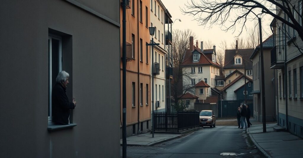 Pusty polski alejek miejski bez krzyży i kapliczek, symbolizujący duchową pustkę społeczeństwa po apostazji soborowej.