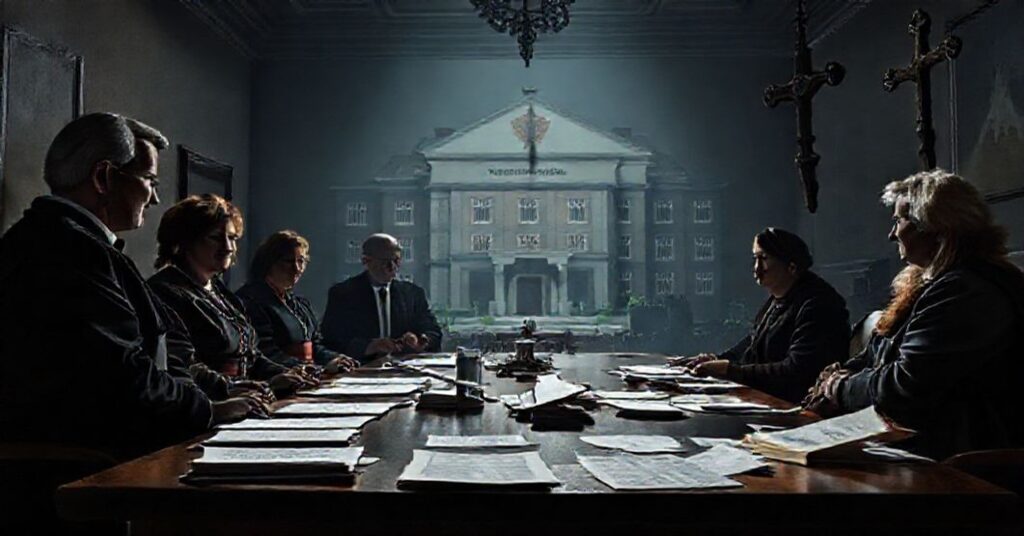 Scena przedstawiająca kryzys w służbie zdrowia z perspektywy katolickiej. Minister Sobierajska-Grenda i premier Tusk diskutują w pokoju z dokumentami