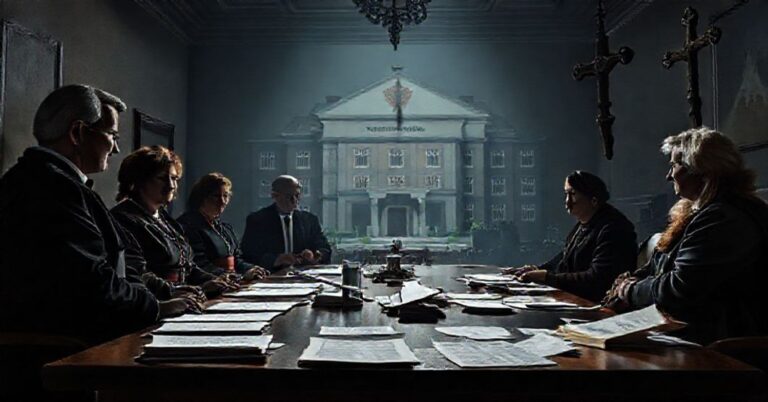 Scena przedstawiająca kryzys w służbie zdrowia z perspektywy katolickiej. Minister Sobierajska-Grenda i premier Tusk diskutują w pokoju z dokumentami