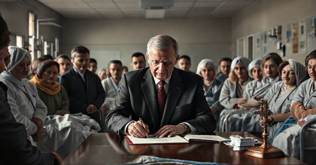Prezydent Karol Nawrocki podpisuje nowelizację ustawy o Funduszu Medycznym w atmosferze kryzysu w służbie zdrowia. Tło przedstawia przepełnioną szpitalną salę z pacjentami i zmartwionymi rodzinami.