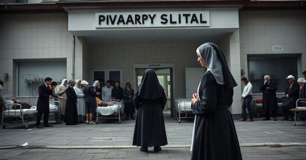 Zdjęcie przedstawiające dramatyczną sytuację w szpitalu w Sochaczewie w 2025 roku, gdzie pacjenci zostali odrzuceni z powodu braku funduszy NFZ. Scena przypomina upadek systemu zdrowotnego opierającego się na neopogańskim sekularyzmie.