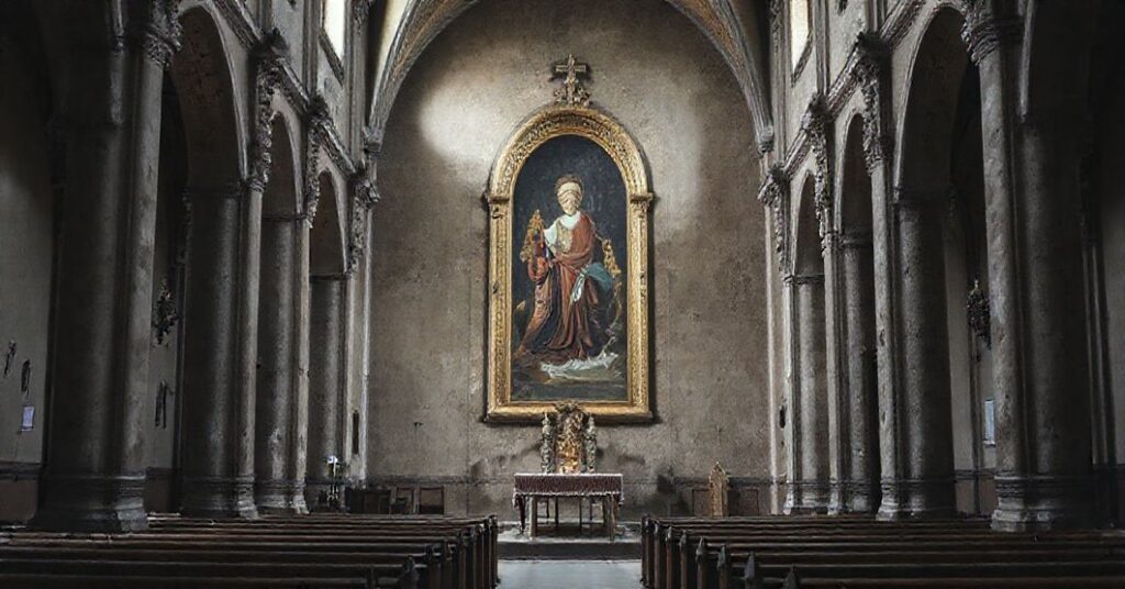 Słoma tradycyjna sztuka sakralna w opuszczonym kościele, symbolizująca kryzys modernizmu w sztuce kościelnej po Soborze Watykańskim II