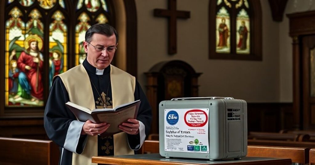 Ksiądz w tradycyjnych szatach liturgicznych stoi w skromnej kaplicy, trzymając Syllabus błędów. Na tle widoczne są witraże z wizerunkami Chrystusa Króla. Na prostym ołtarzu znajduje się nowoczesna pompa cieplna z pieczęciami urzędów.