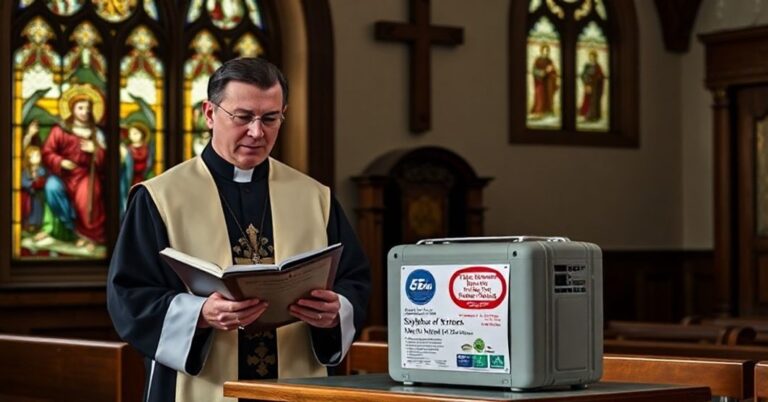 Ksiądz w tradycyjnych szatach liturgicznych stoi w skromnej kaplicy, trzymając Syllabus błędów. Na tle widoczne są witraże z wizerunkami Chrystusa Króla. Na prostym ołtarzu znajduje się nowoczesna pompa cieplna z pieczęciami urzędów.