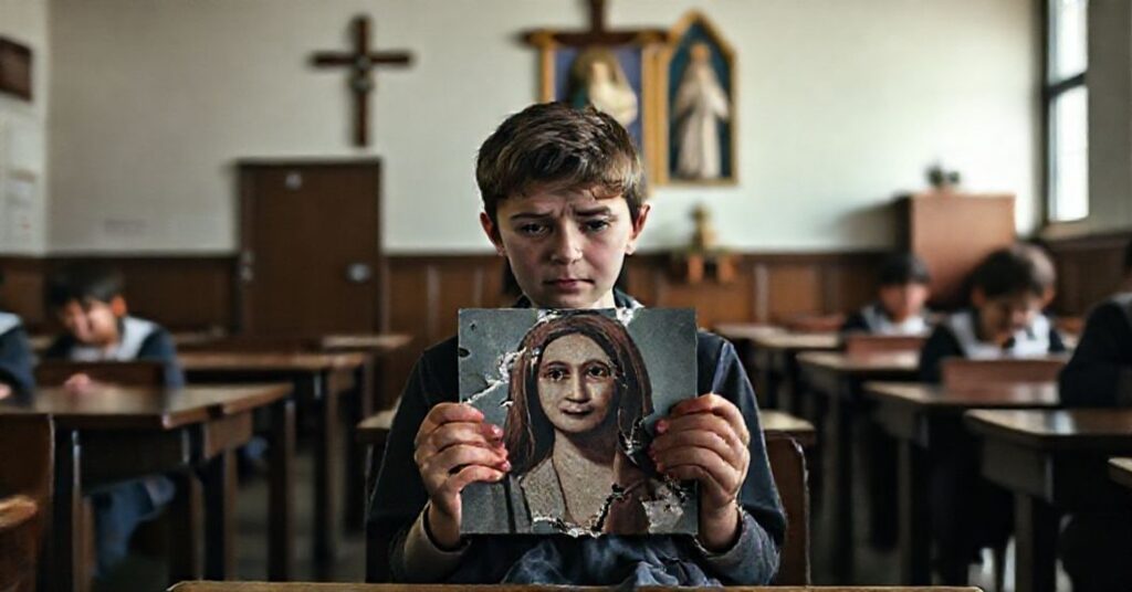 Uczniowie w klasie szkolnej z krzyżem na ścianie i obrazem Matki Boskiej Fatimskiej w tle. Młoda dziewczyna w smutku trzyma zniszczone zdjęcie deepfake koleżanki. Scena ukazuje duchową pustkę współczesnej edukacji.