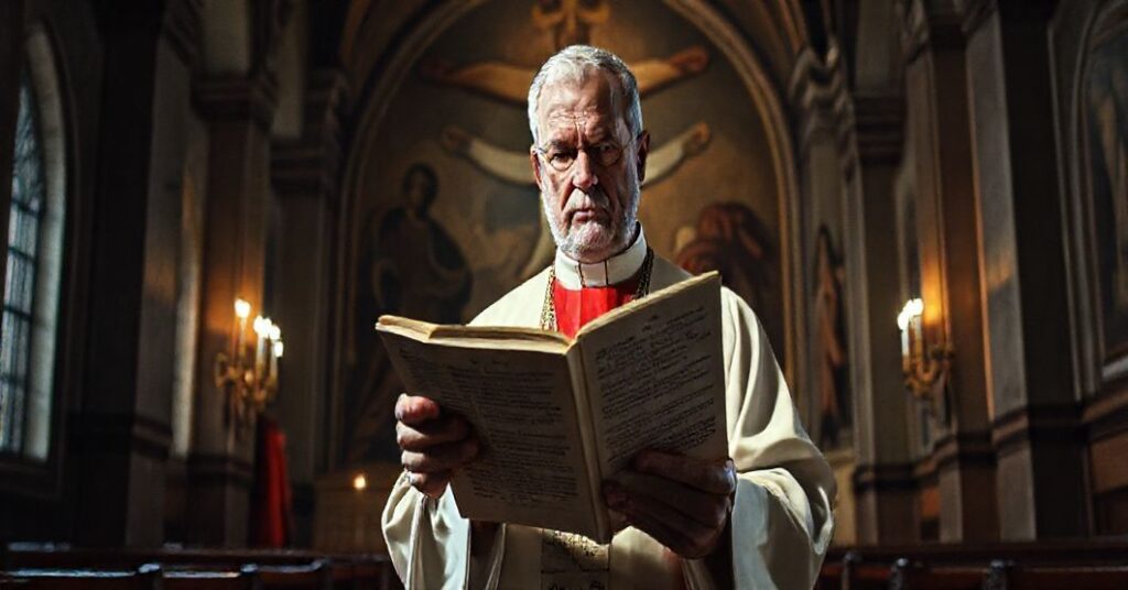 Ksiądz w tradycyjnych szatach kościelnych trzyma dokument heretyckiej adhoracji 'Dilexi te', na tle stopniowo zanikającego fresku Chrystusa Króla.