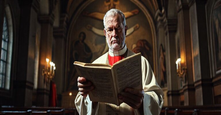 Ksiądz w tradycyjnych szatach kościelnych trzyma dokument heretyckiej adhoracji 'Dilexi te', na tle stopniowo zanikającego fresku Chrystusa Króla.