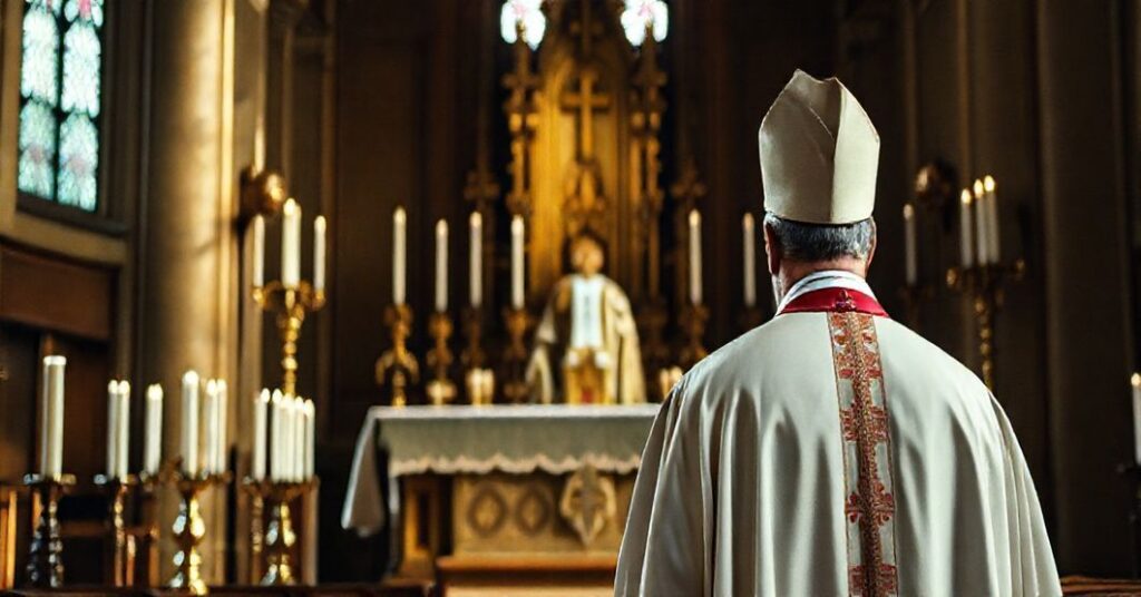 Sobór katolicki przedstawiający poważnego biskupa w liturgicznych szatach przed ozdobnym ołtarzem z świecami i monstrancją, symbolizujący kryzys teologiczny anglikanizmu i fałszywy ekumenizm sekty posoborowej.