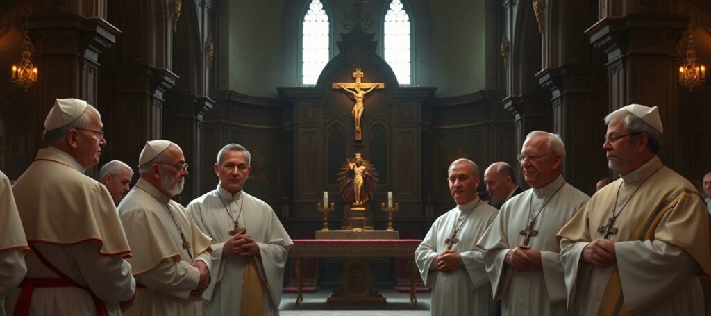Tradycyjny wnętrze kościelne z grupą biskupów w liturgicznych szatach, symbolizujące kryzys teologiczny w niemieckim Kościele.