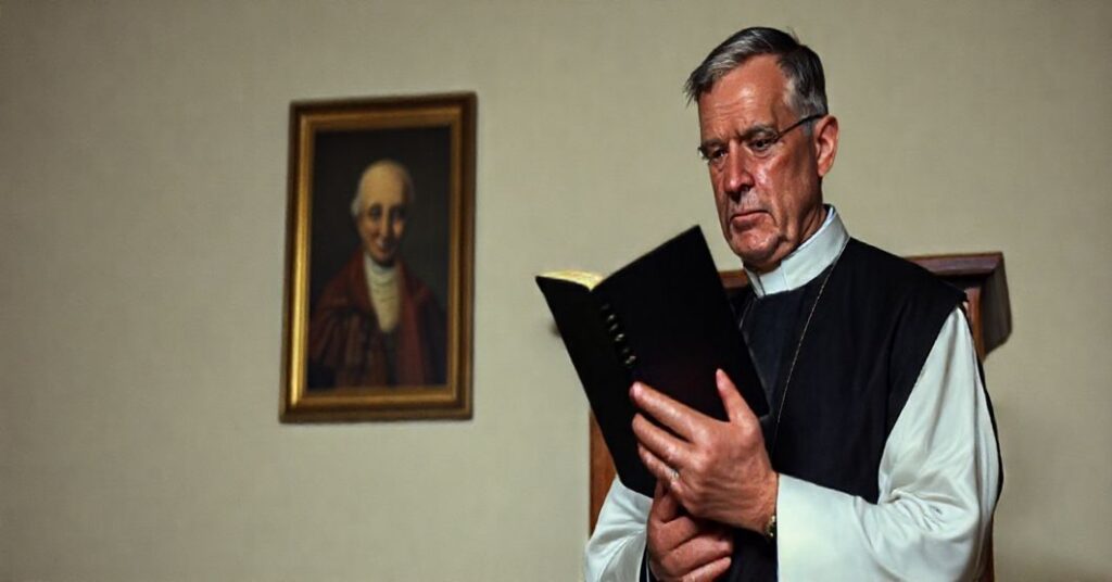 Katolicki księż w tradycyjnym sutannie stoi przed prostym katowcem trzymając zamknięty brewiarz. Tło wykonywany obraz żesnącego papieź w tle podkreśla kryzys wiary.