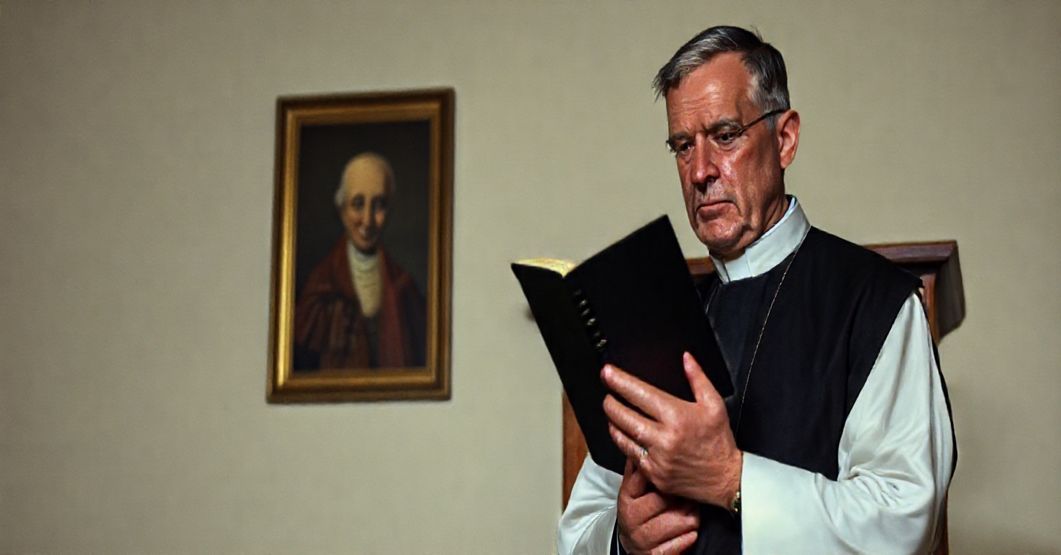 Katolicki księż w tradycyjnym sutannie stoi przed prostym katowcem trzymając zamknięty brewiarz. Tło wykonywany obraz żesnącego papieź w tle podkreśla kryzys wiary.