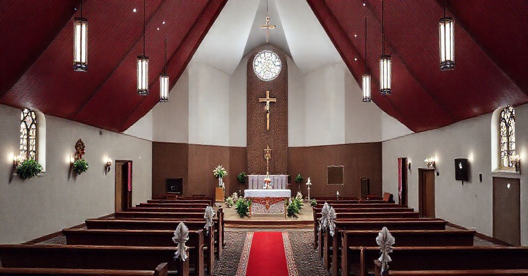 Stary mężczyzna w czarnym sutannie przed modernistycznym seminarium, symbolizujący kryzys w formacji kapłańskiej.