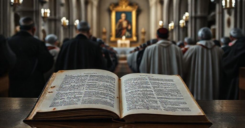 Pusty zbór w katedrze w Gdańsku z nowoczesnymi elementami liturgicznymi i zużyta kopia encykliki "Quas Primas".
