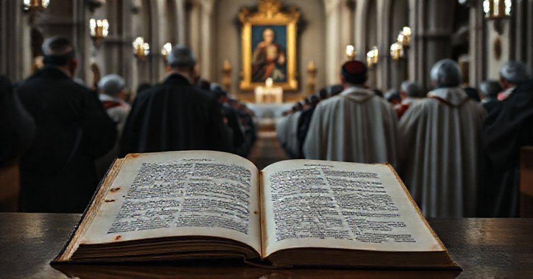 Pusty zbór w katedrze w Gdańsku z nowoczesnymi elementami liturgicznymi i zużyta kopia encykliki "Quas Primas".