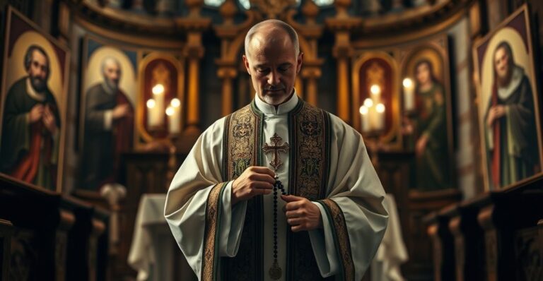 Tradycyjny ksiądz katolicki w ornamentach, modlący się przed ołtarzem z nieprawidłową szatą biskupią, symbolizującą nieważność posoborowych konsekracji, otoczony obrazami świętych przedkoncylarnych.