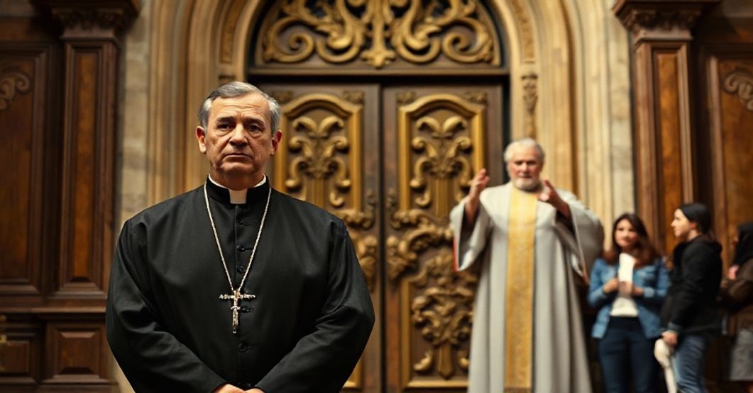 Ksiądz w tradycyjnym stroju stoi przed zamkniętymi drzwiami kościoła, symbolizując wykluczenie z prawdziwej wiary. W tle modernistyczny 'biskup' w nieformalnym stroju gestykuluje do grupy świeckich młodych ludzi.