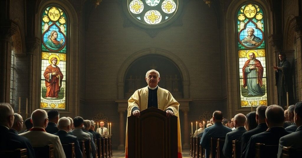 Wnętrze świątyni katolickiej z „arcybiskupem” Carlo Roberto Marią Redaellim na ambonie podczas kontrowersyjnego kazania o relatywizmie moralnym.