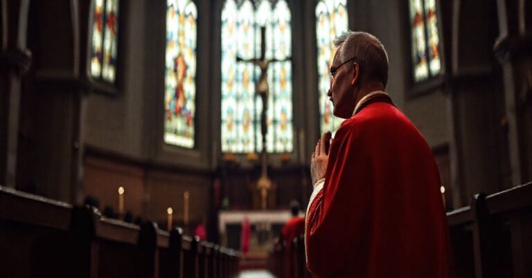 Klasyczny obraz katolickiego księdza w tradycyjnych szatach modlącym się przed krzyżem w ciemnym, uroczystym wnętrzu kościoła, symbolizujący kryzys w Kościele i zdradę urzędu Piotrowego.