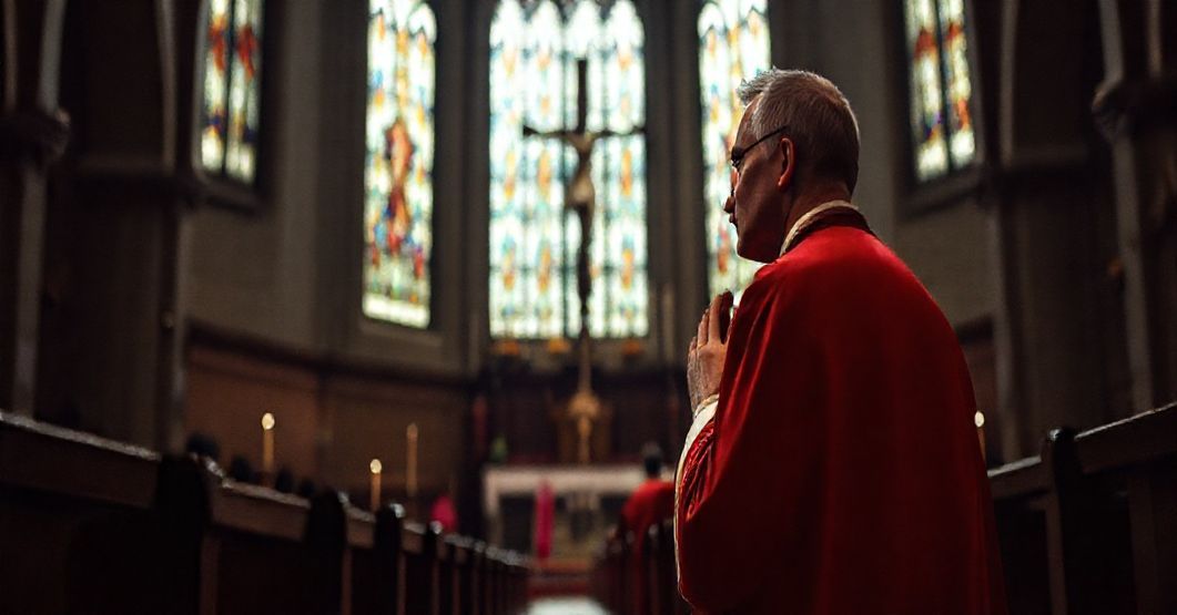 Klasyczny obraz katolickiego księdza w tradycyjnych szatach modlącym się przed krzyżem w ciemnym, uroczystym wnętrzu kościoła, symbolizujący kryzys w Kościele i zdradę urzędu Piotrowego.